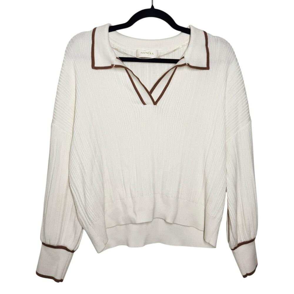Sancia Cream Brown Sandstone Teofila Collared Polo Knit Top Small
